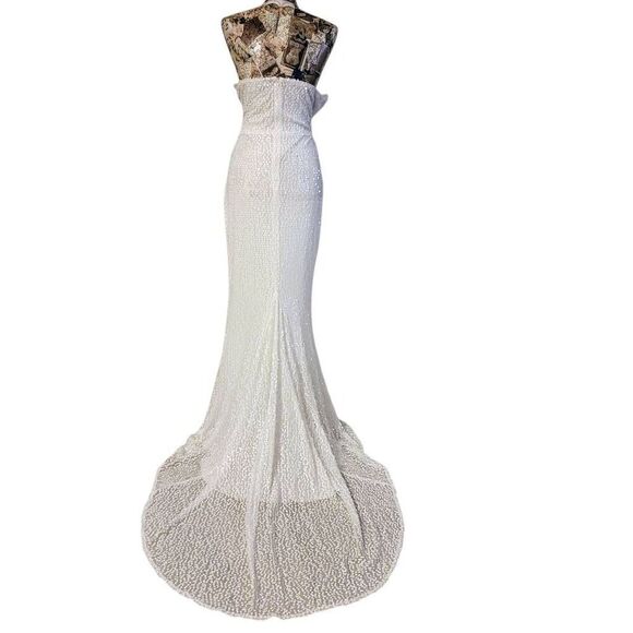 Formal Dress White Sparkle Sequin Mermaid Sweetheart Split Long Maxi Gown Train - Picture 4 of 11